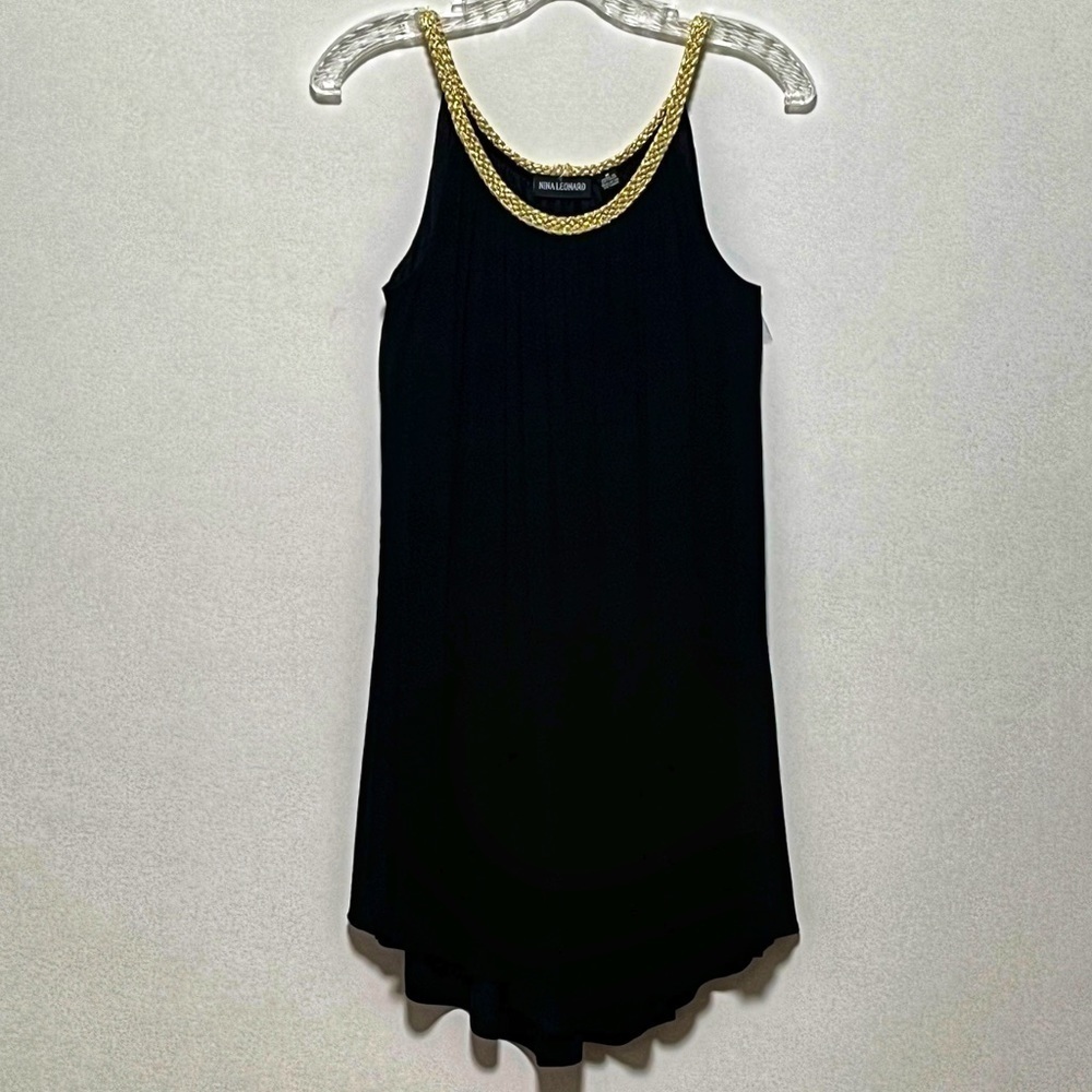 Nina Leonard black sleeveless gold embellished neckline Designer cocktail Dress